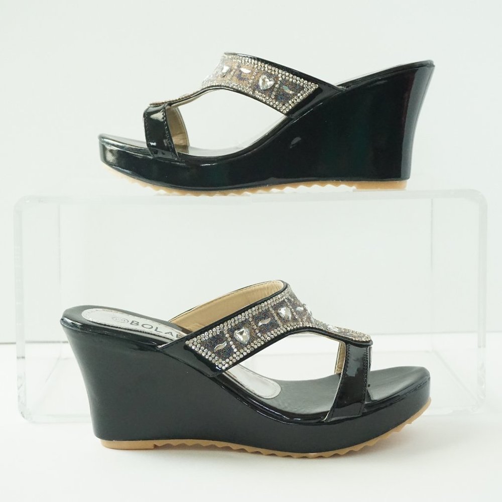 Bolaro by Summer Rio Wedge Sandals Black Patent Leather with Bling Size 6